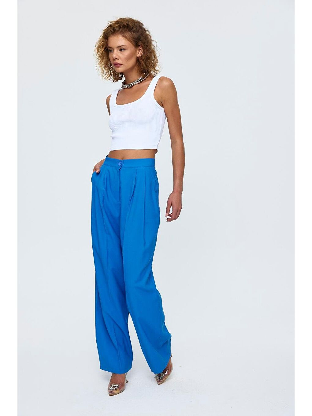Pileli Palazzo Saks Mavi Kadın Pantolon-3