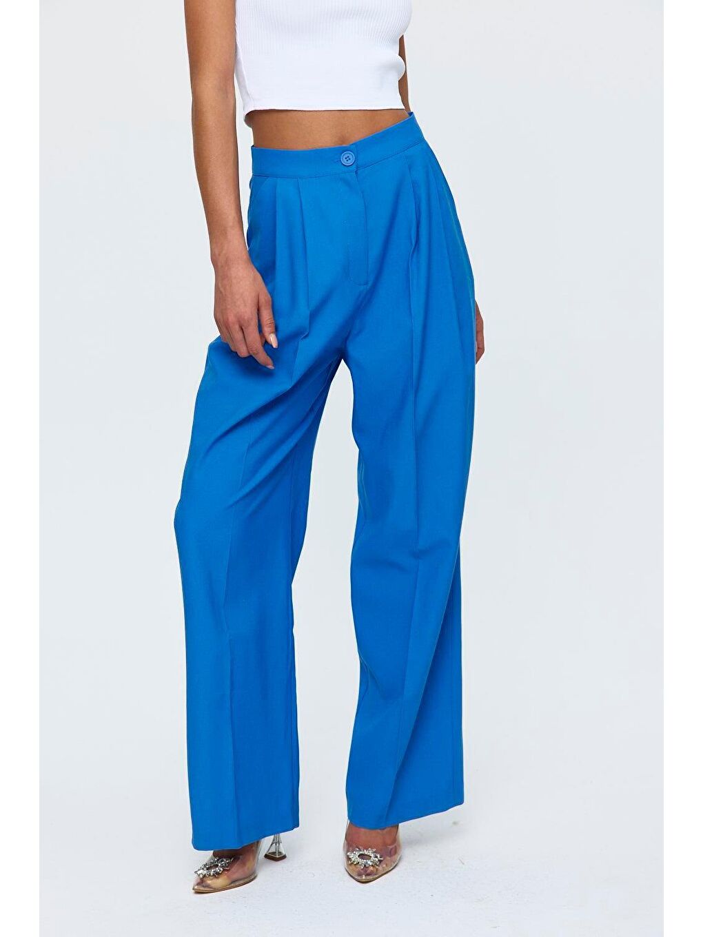Pileli Palazzo Saks Mavi Kadın Pantolon-4