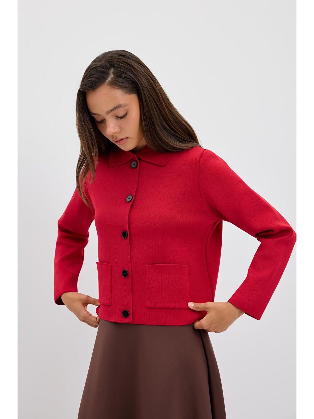 Düz Renk Midi Triko Hırka Kırmızı-2