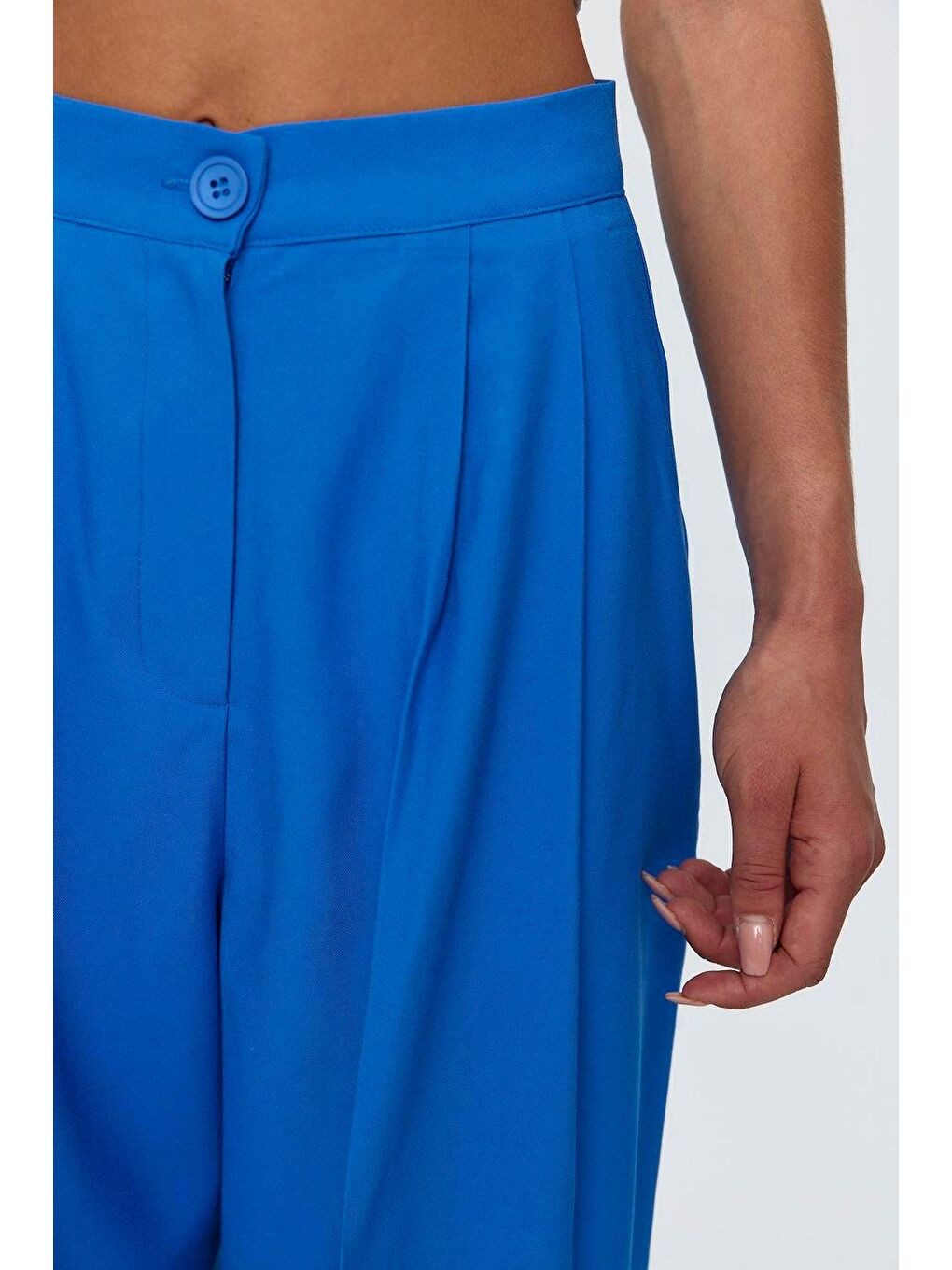 Pileli Palazzo Saks Mavi Kadın Pantolon-6