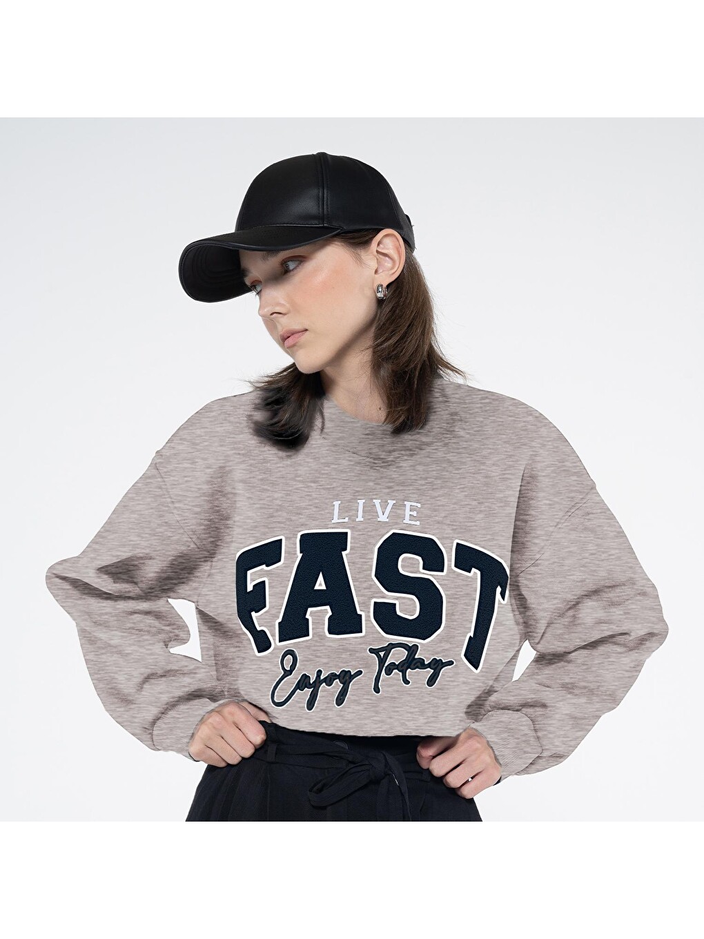 Fast Kadın Gri Melanj Bisiklet Yaka Ekstra Oversize Crop Sweatshirt - Şardonlu 3 İplik