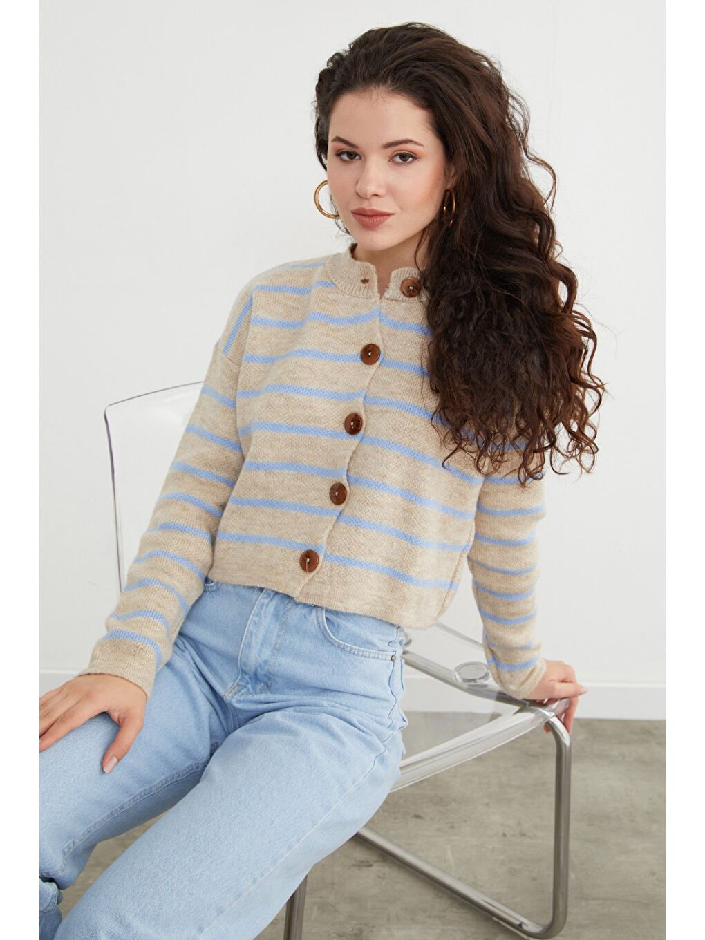 Mavi Çizgili Düğmeli Triko Hırka-2