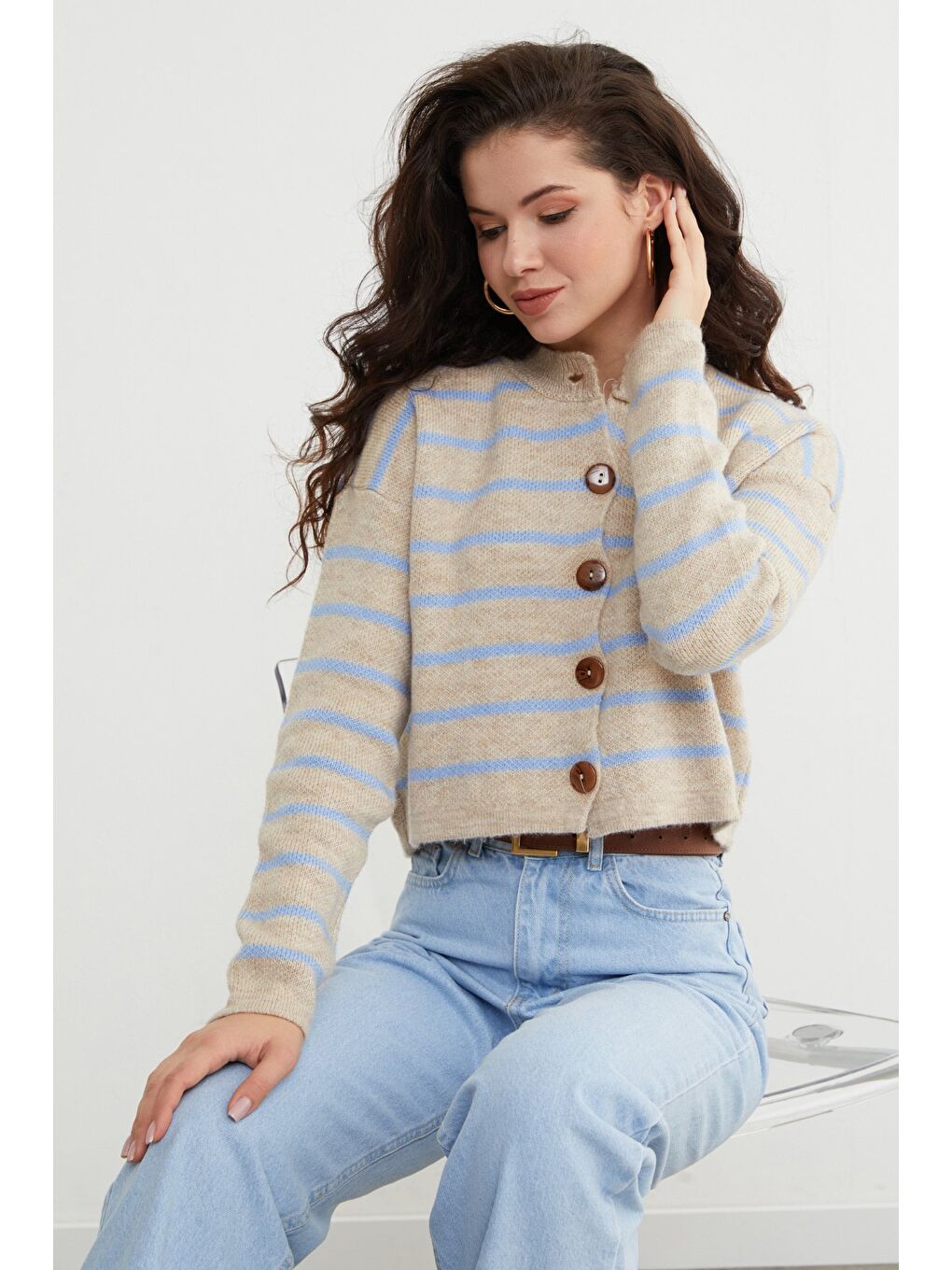 Mavi Çizgili Düğmeli Triko Hırka-3