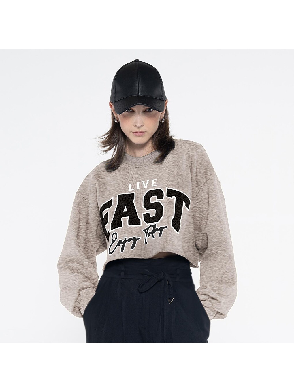 Fast Kadın Gri Melanj Bisiklet Yaka Ekstra Oversize Crop Sweatshirt - Şardonlu 3 İplik-1