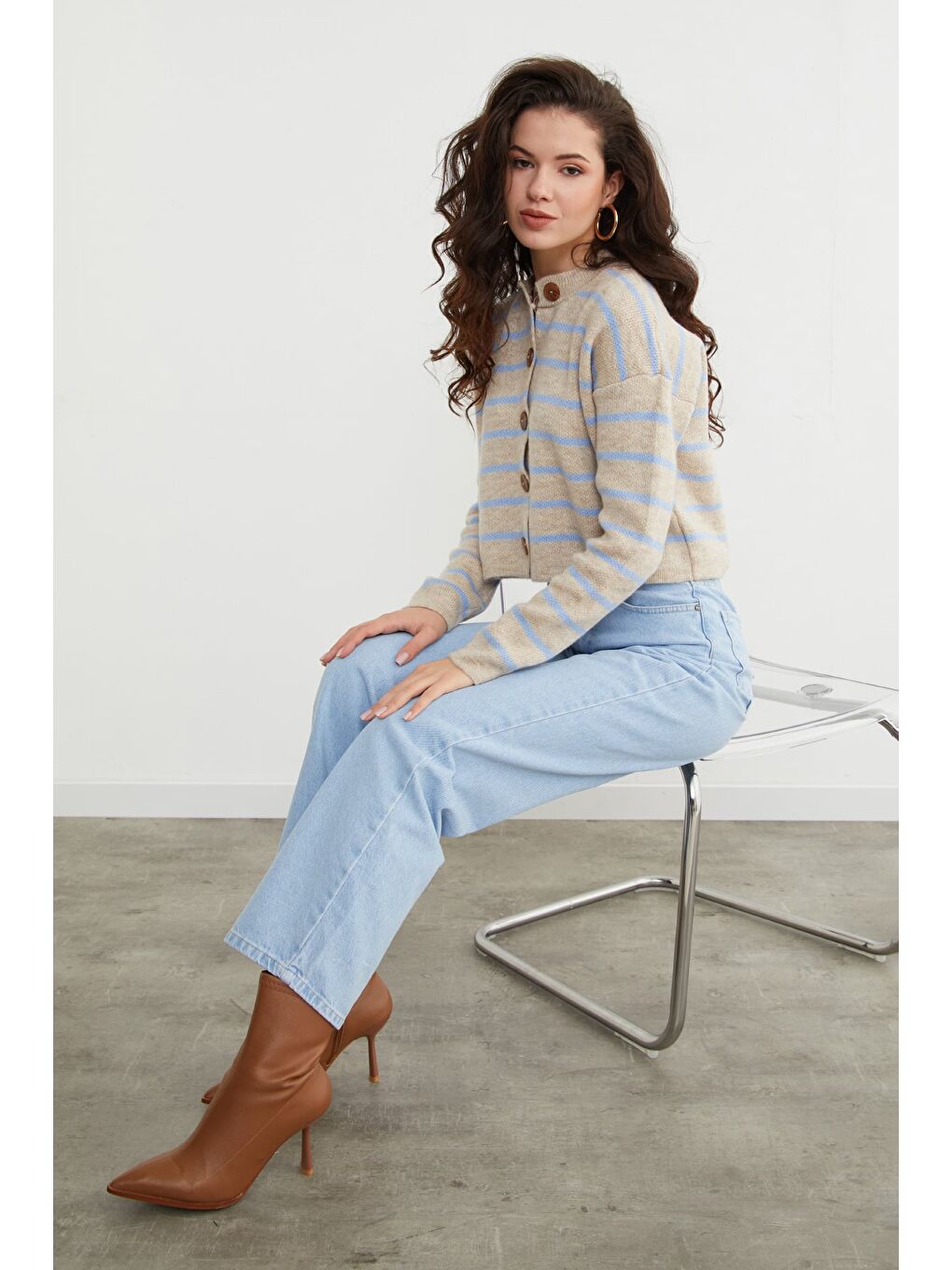 Mavi Çizgili Düğmeli Triko Hırka-4