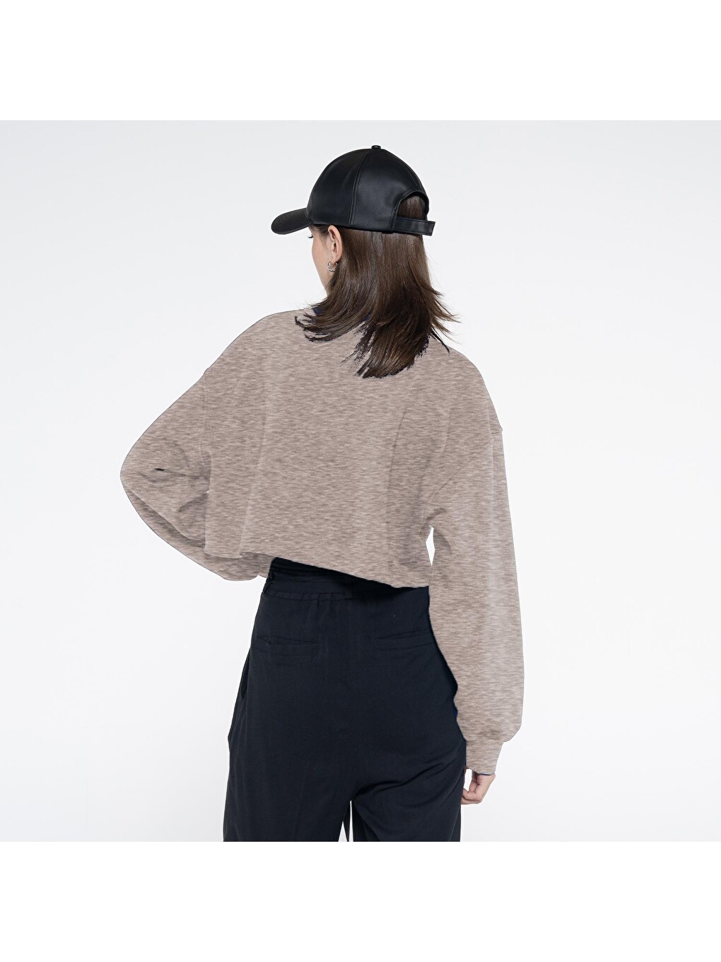 Fast Kadın Gri Melanj Bisiklet Yaka Ekstra Oversize Crop Sweatshirt - Şardonlu 3 İplik-2