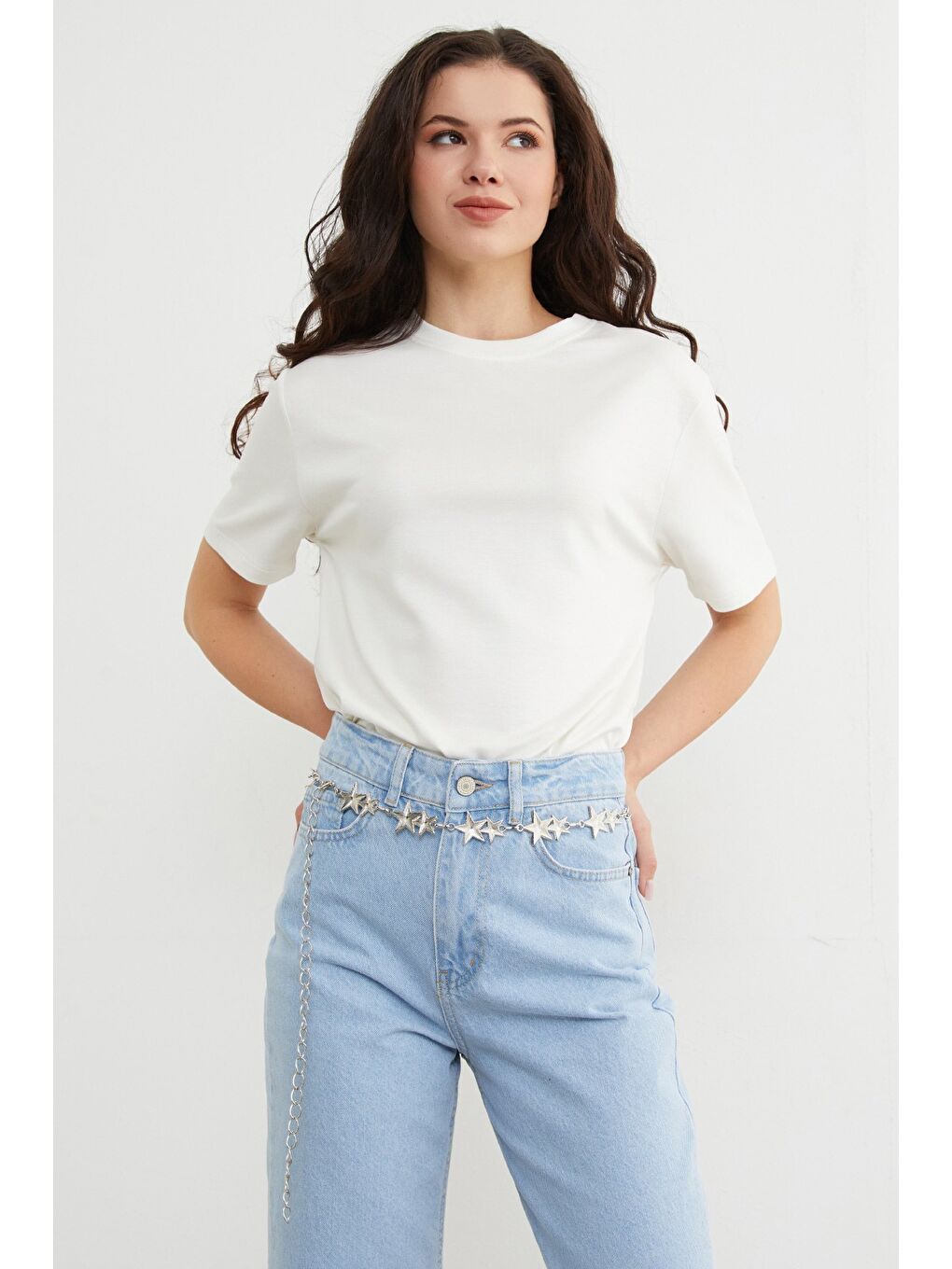 Ekru Basic Bisiklet Yaka Modal Tişört-1