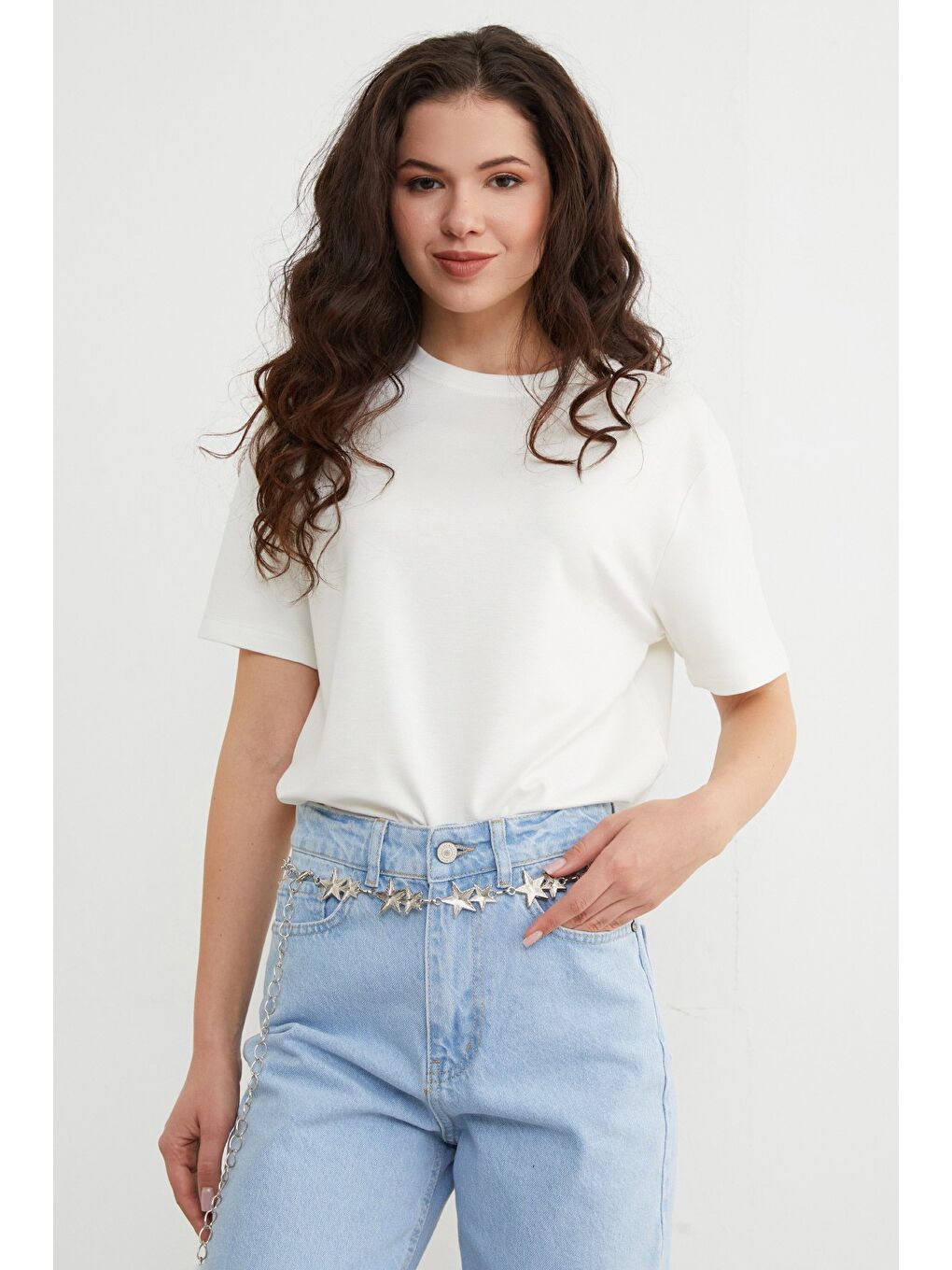 Ekru Basic Bisiklet Yaka Modal Tişört-3