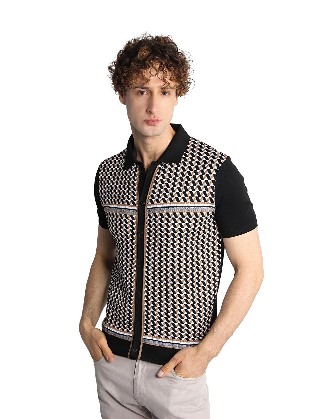 Siyah Slim Fit Dar Kalıp Düğmeli Polo Yaka Desenli Kısa Kollu Triko Tişört