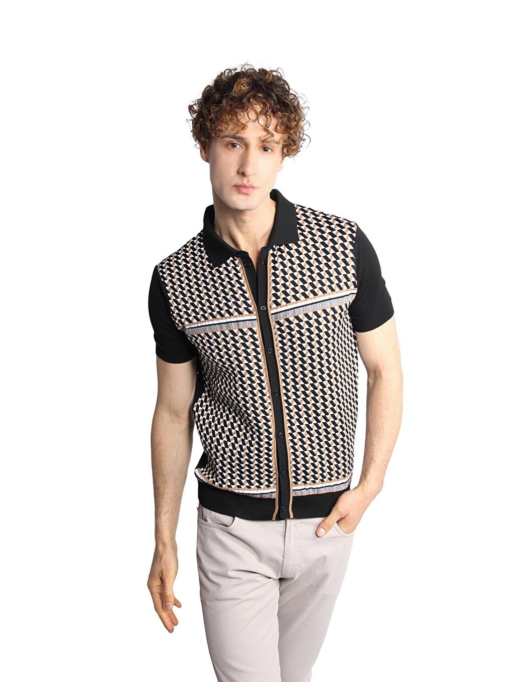 Siyah Slim Fit Dar Kalıp Düğmeli Polo Yaka Desenli Kısa Kollu Triko Tişört-1