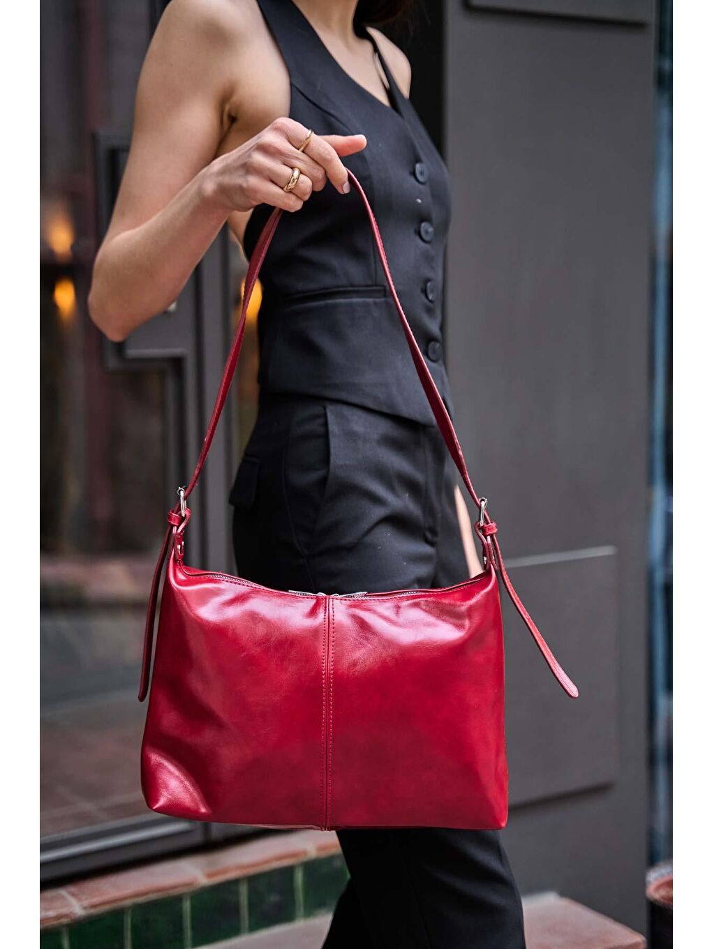 Fermuarlı Bucket Çanta Kırmızı-2