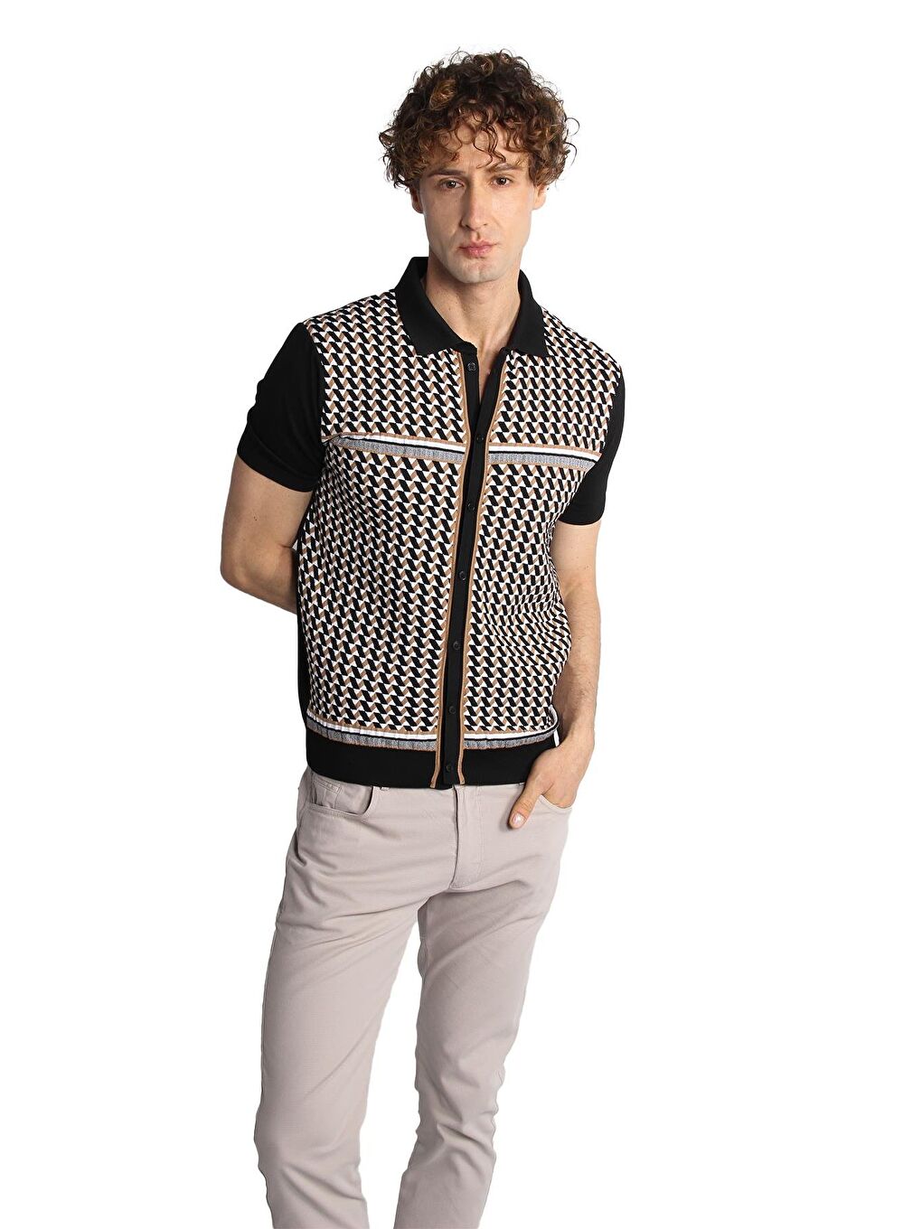 Siyah Slim Fit Dar Kalıp Düğmeli Polo Yaka Desenli Kısa Kollu Triko Tişört-2