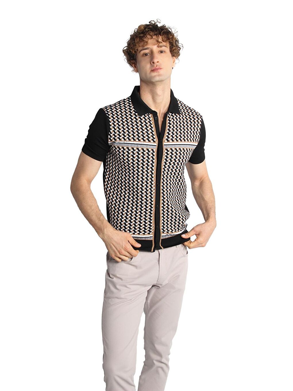 Siyah Slim Fit Dar Kalıp Düğmeli Polo Yaka Desenli Kısa Kollu Triko Tişört-3