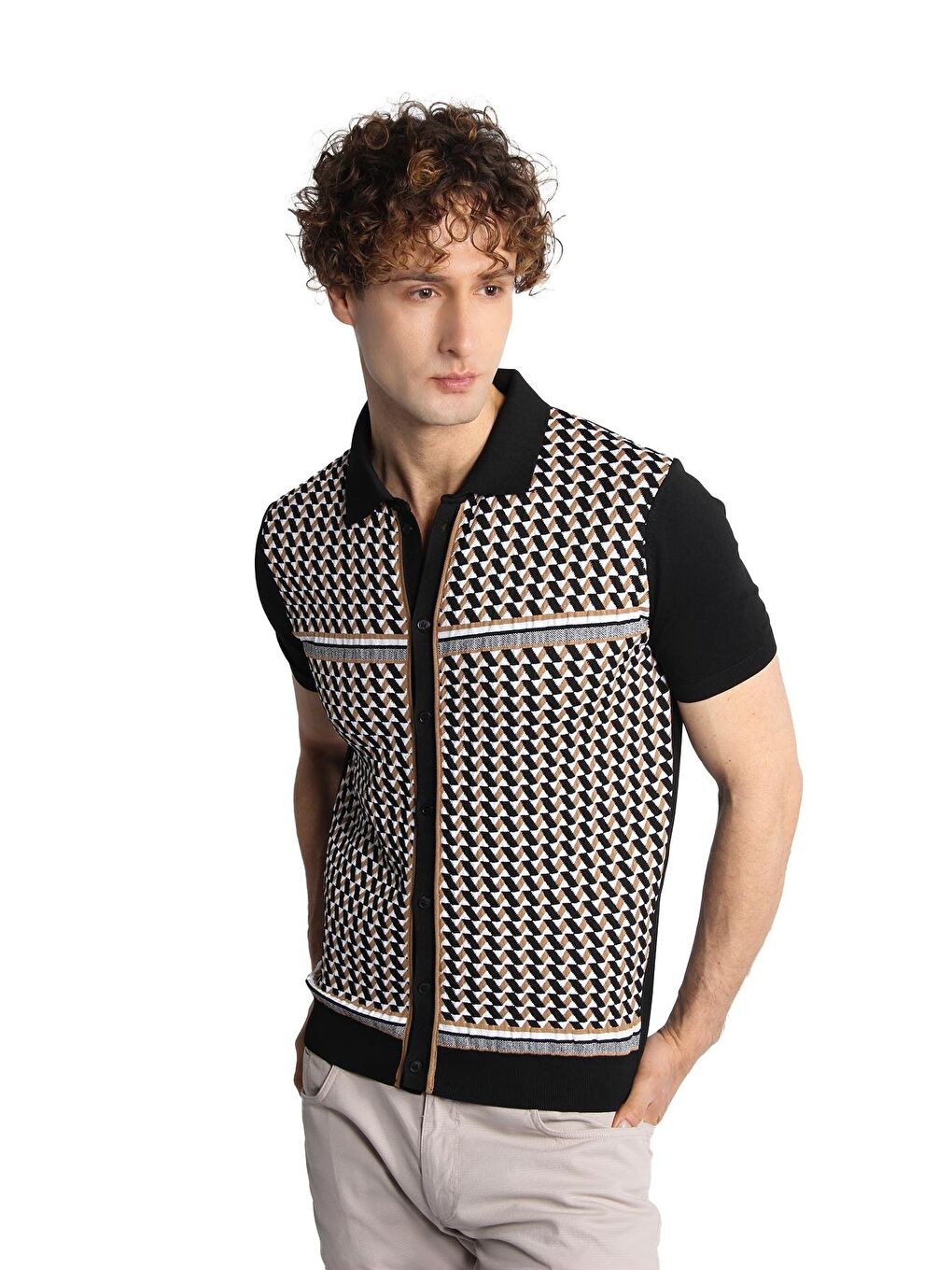 Siyah Slim Fit Dar Kalıp Düğmeli Polo Yaka Desenli Kısa Kollu Triko Tişört-4