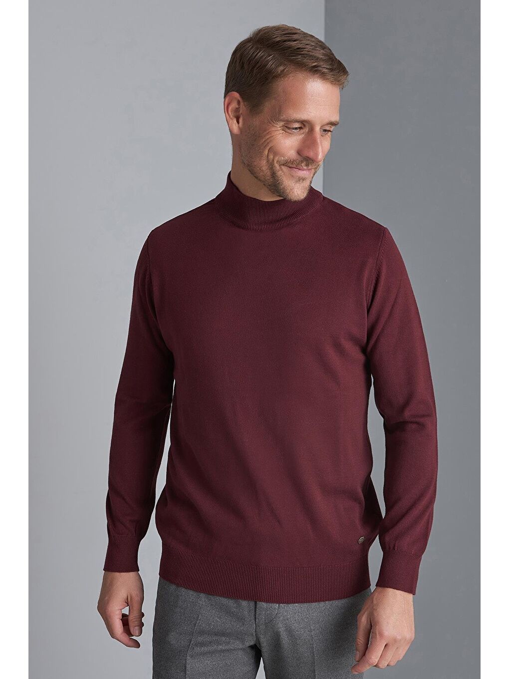 Bordo Dar Kalıp Yarım Balıkçı Düz Uzun Kollu Triko