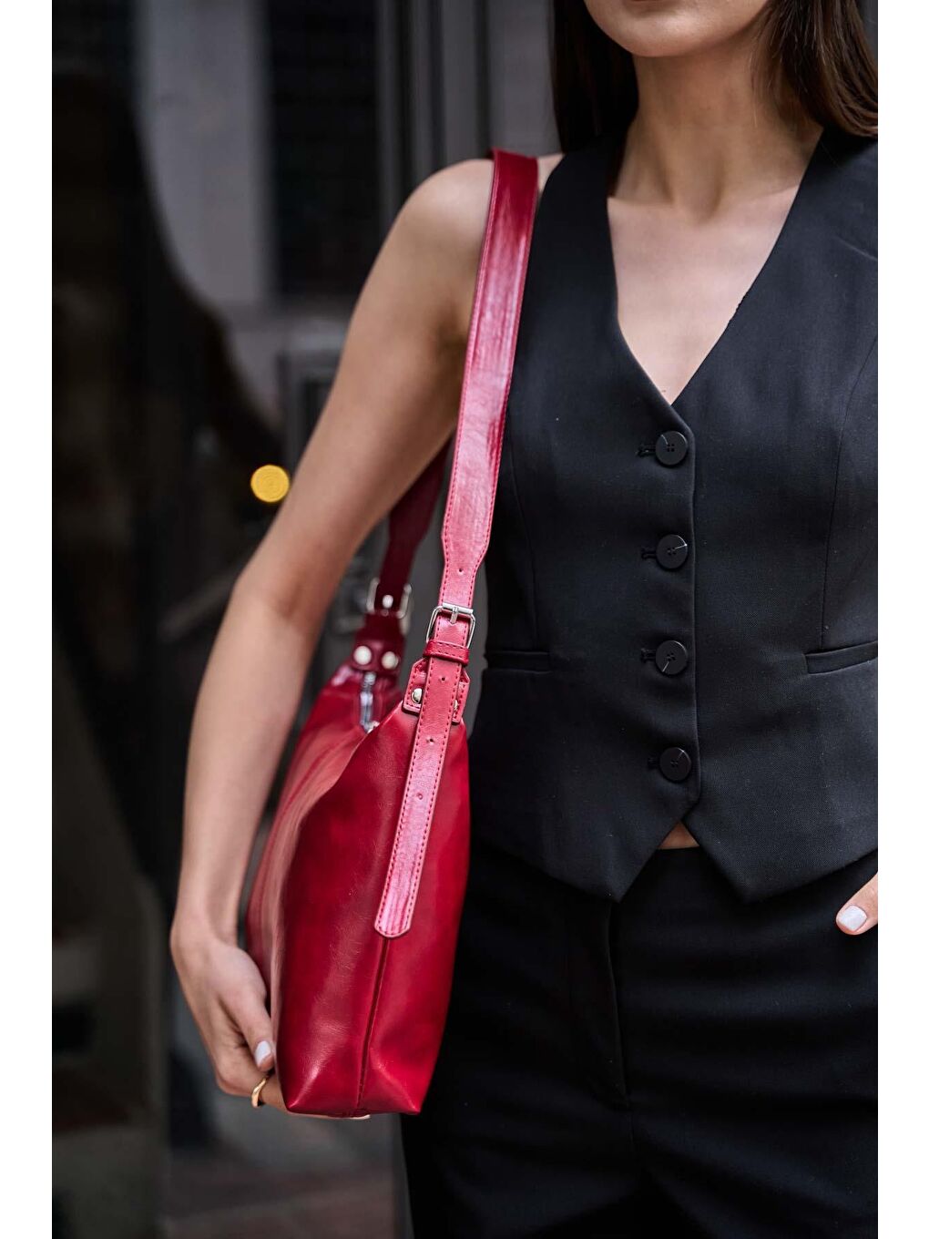 Fermuarlı Bucket Çanta Kırmızı-4