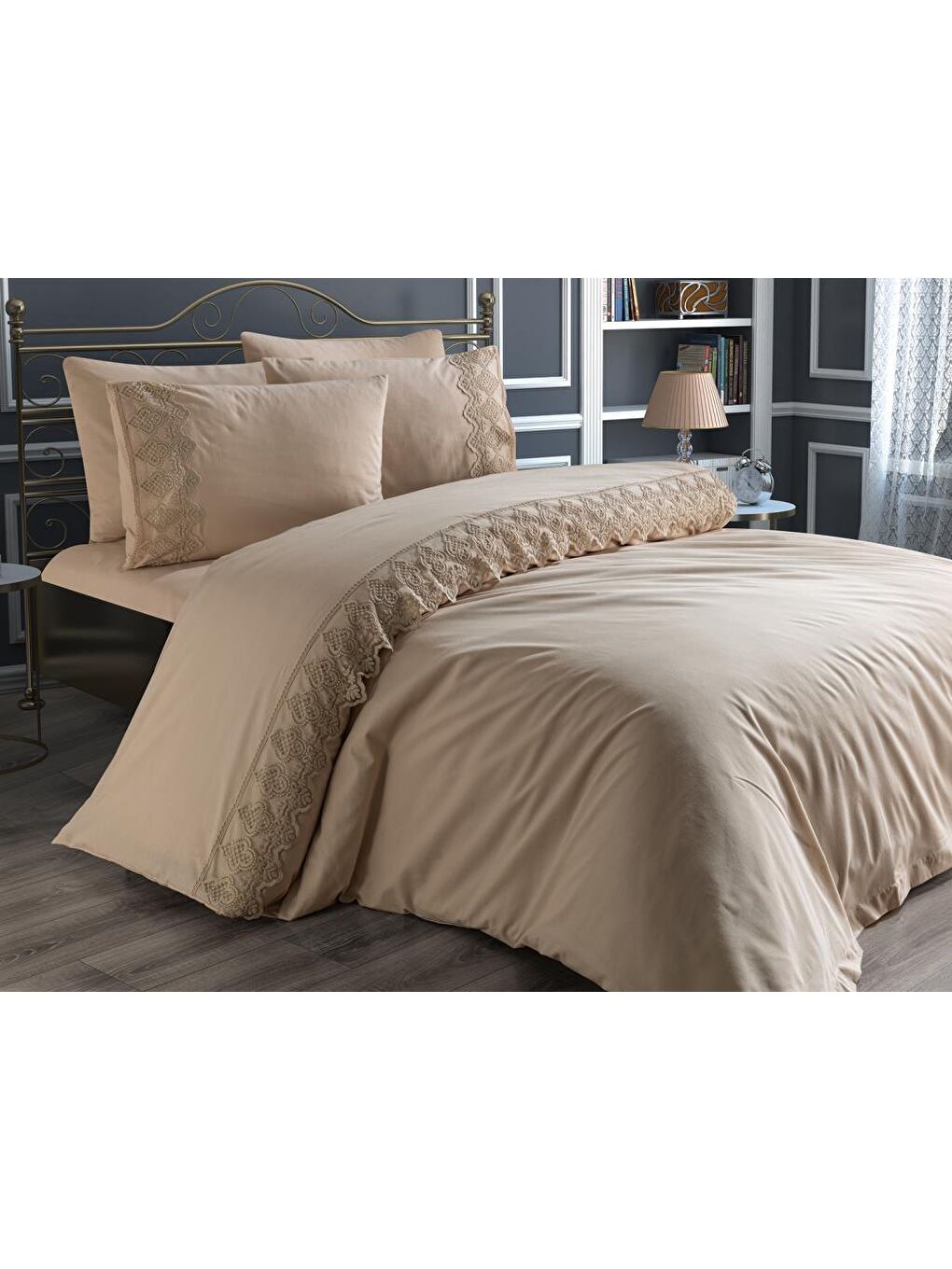 Karışık Fransız Dantelli Hüsna Çeyizlik Nevresim Takımı Cappucino