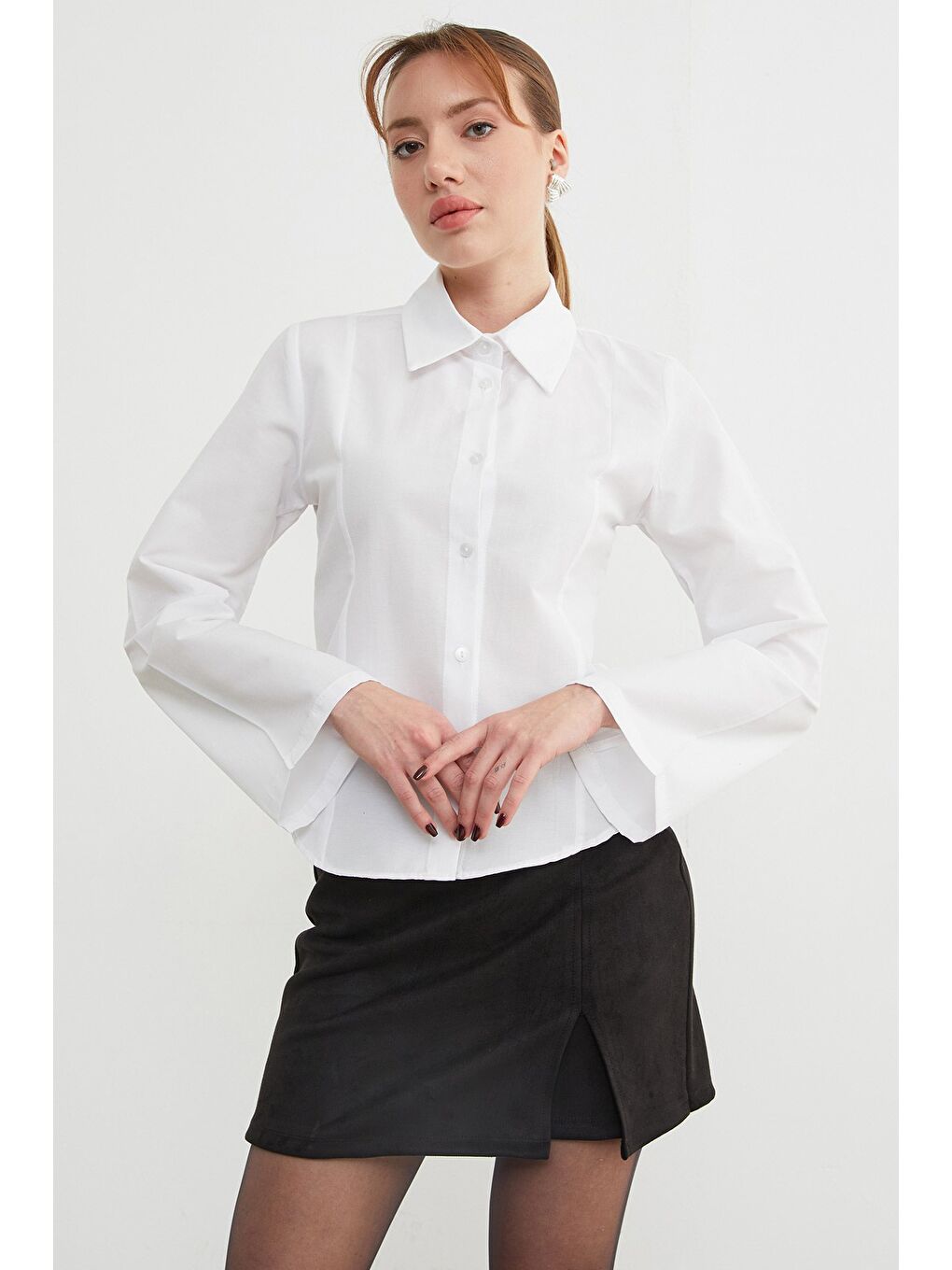 Beyaz İspanyol Kol Terikoton Kumaş Kuplu Gömlek-1