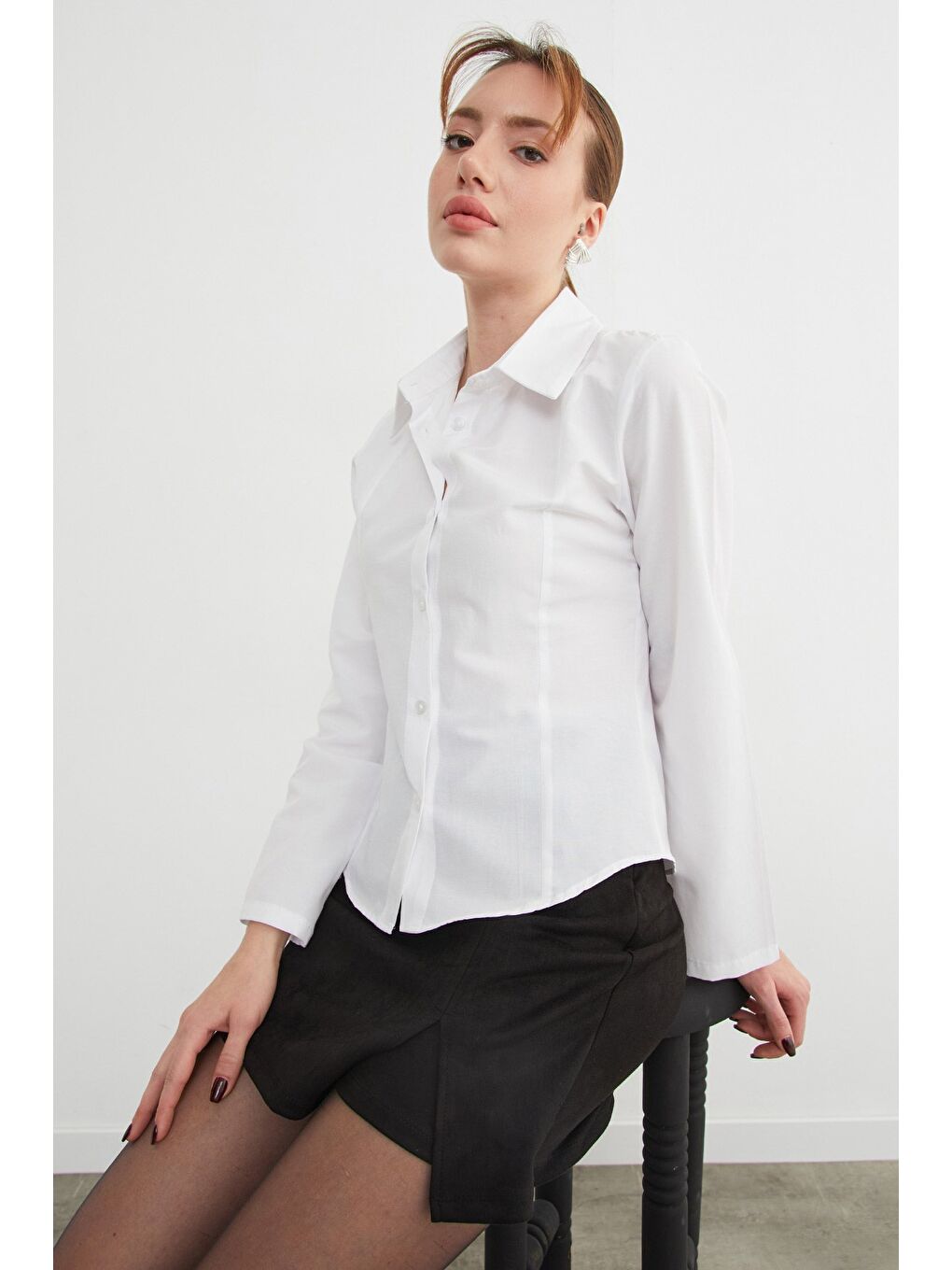 Beyaz İspanyol Kol Terikoton Kumaş Kuplu Gömlek-3