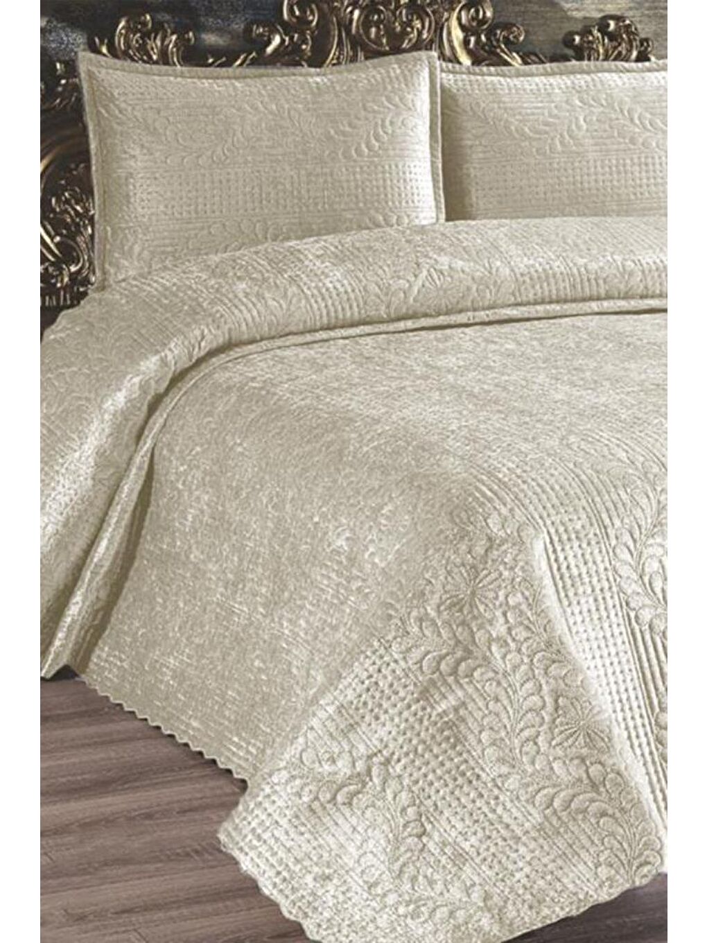 Karışık Velica Çift Kişilik Kadife Yatak Örtüsü Krem-1