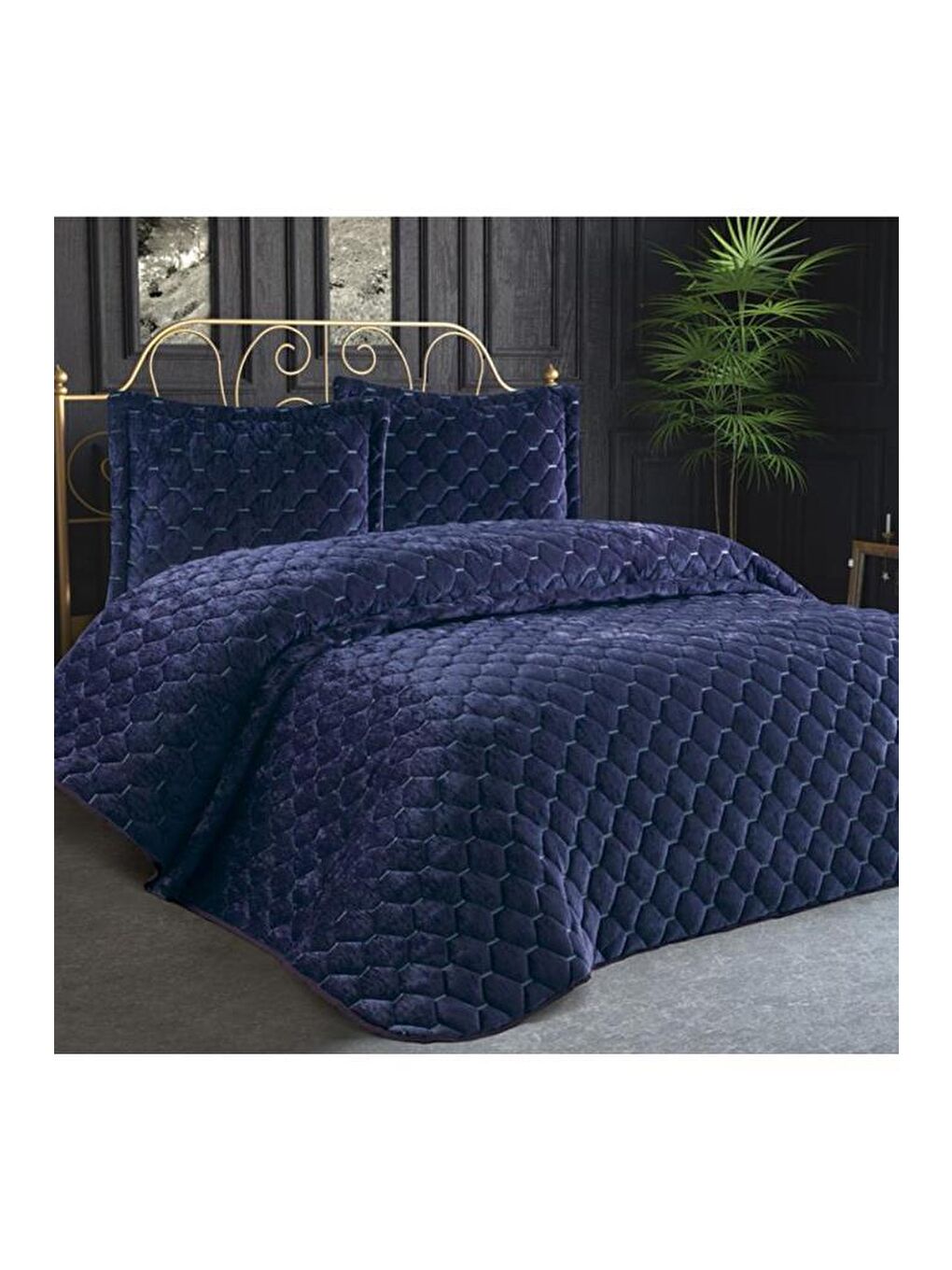 Karışık Lima Kadife Dolgulu Çift Kişilik Yatak Örtüsü Lacivert-2