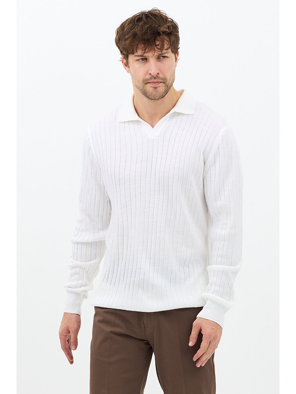 Beyaz Erkek Polo Yaka Fitilli Triko Kazak-1