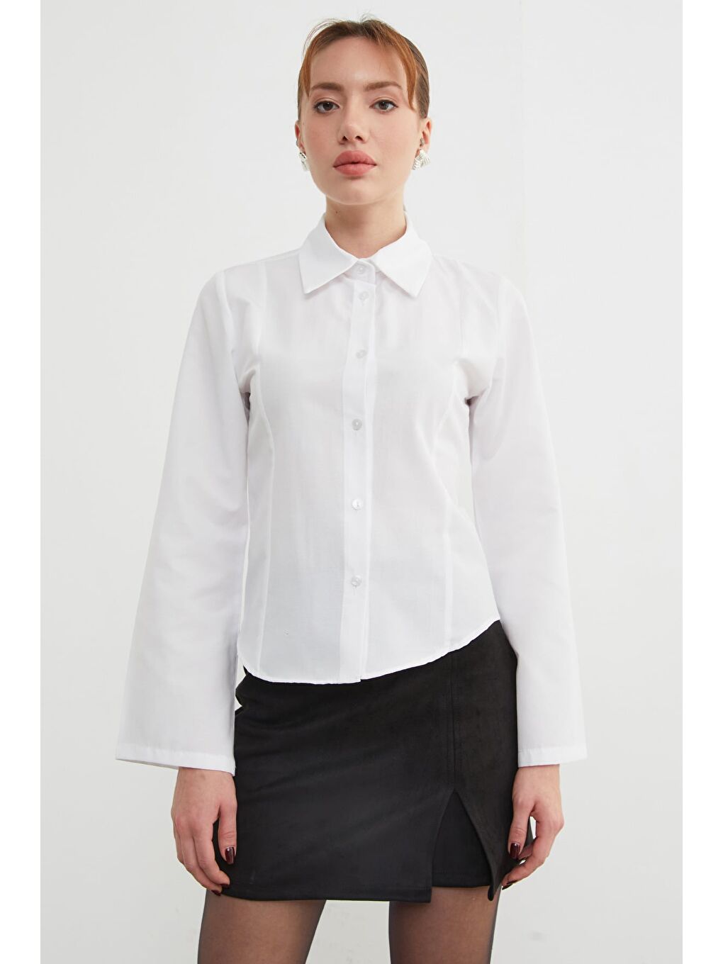 Beyaz İspanyol Kol Terikoton Kumaş Kuplu Gömlek-4