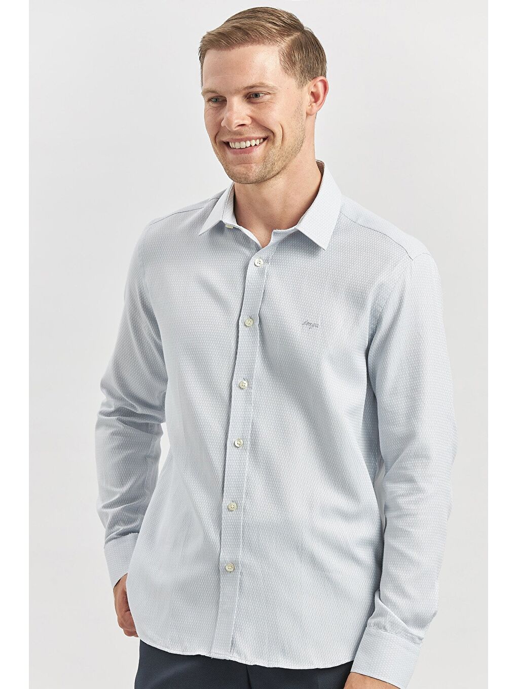 Gri Uzun Kol Kendinden Desenli Armürlü 032 Sert Yaka Casual Slim Fit Gömlek 1004240249