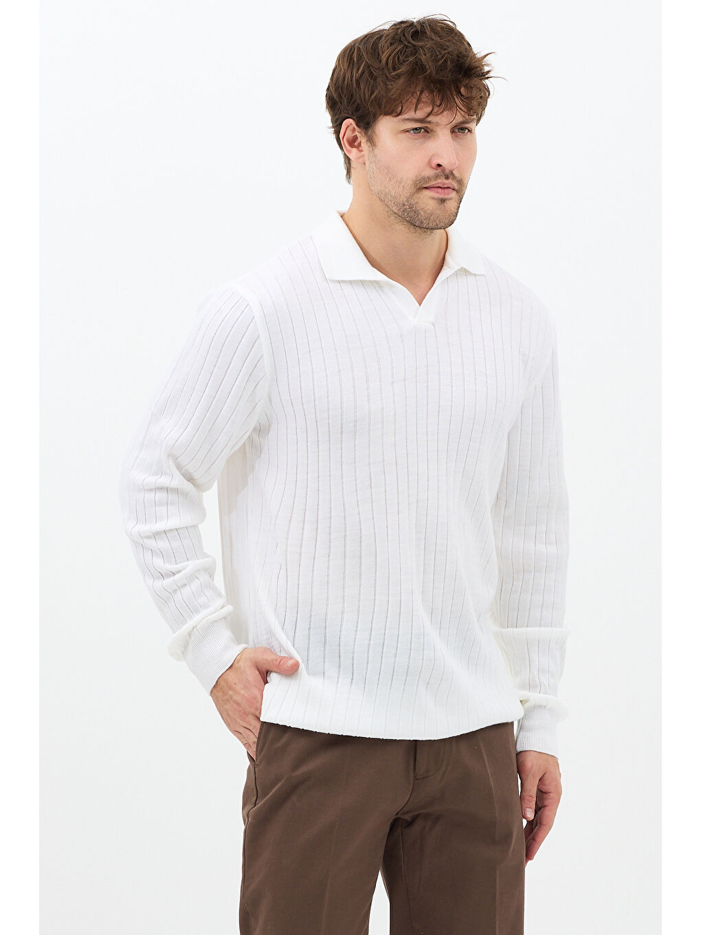 Beyaz Erkek Polo Yaka Fitilli Triko Kazak-2