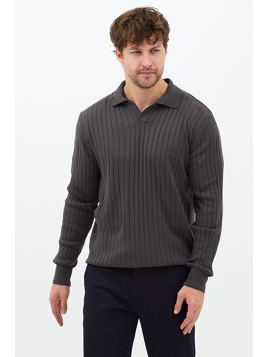 Gri Füme Erkek Polo Yaka Fitilli Triko Kazak-1