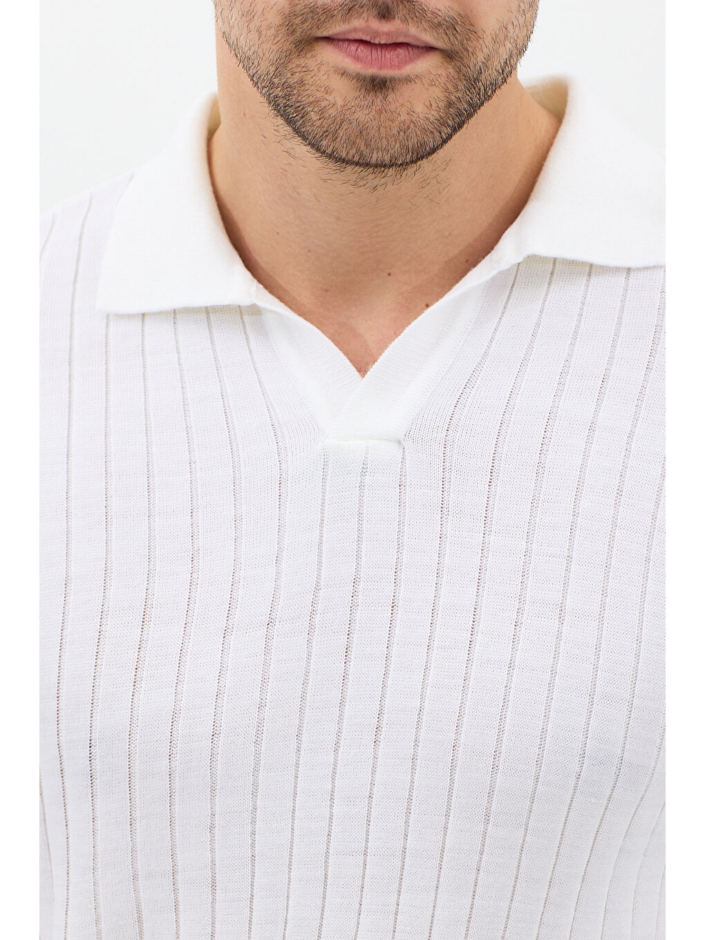 Beyaz Erkek Polo Yaka Fitilli Triko Kazak-3