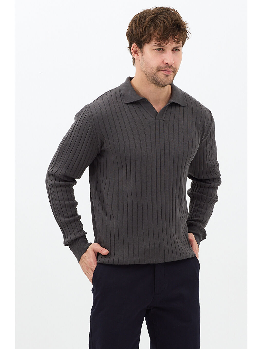 Gri Füme Erkek Polo Yaka Fitilli Triko Kazak-2