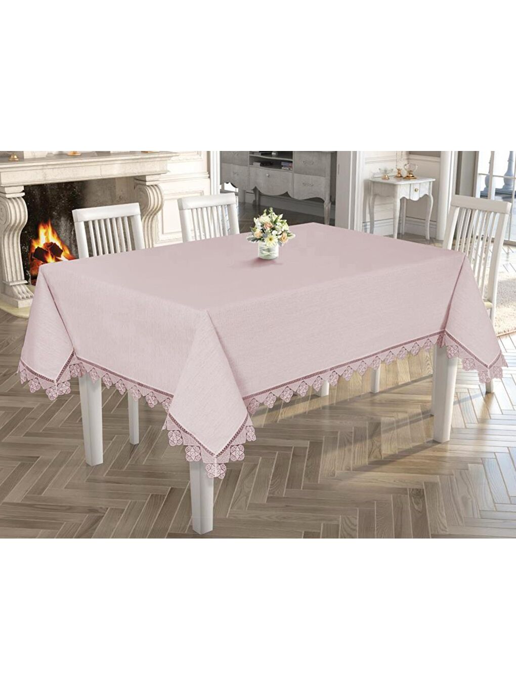 Pembe Işıltı İğne Oyalı Masa Örtüsü Pudra