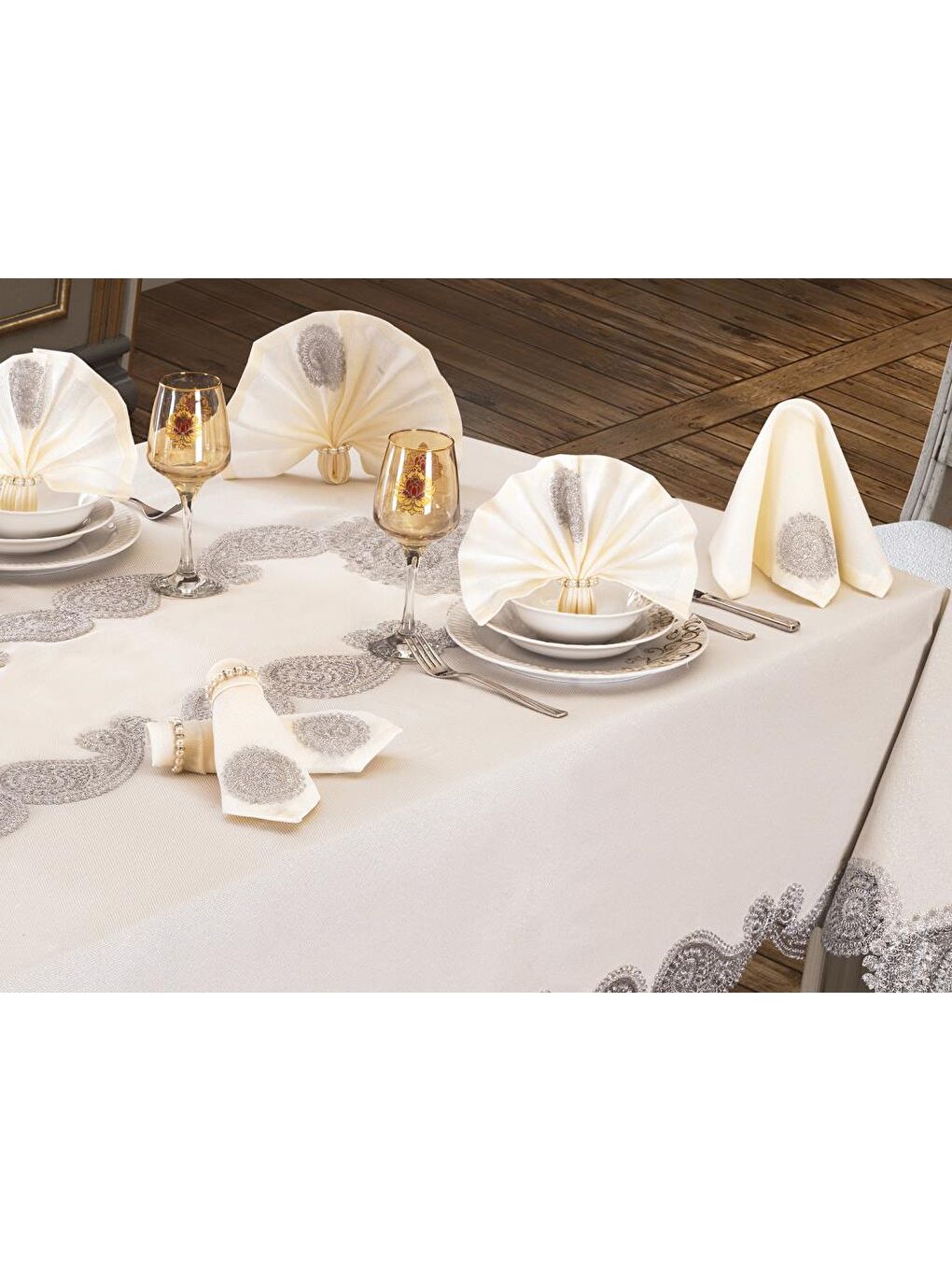 Karışık Verna Masa Örtüsü 160x260 Cm 26 Parça Krem Silver-2
