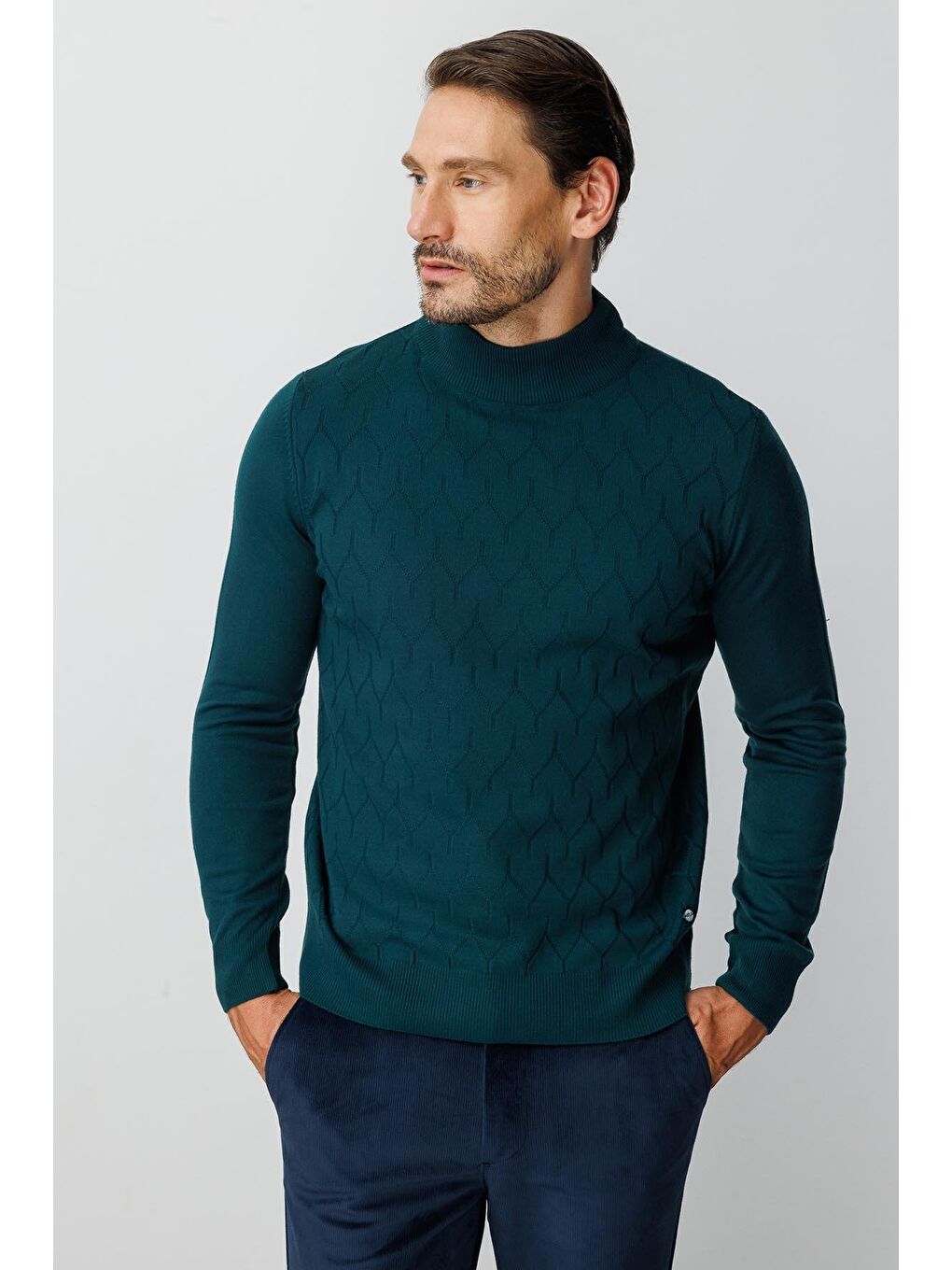 Yeşil Petrol Dar Kalıp Yarım Balıkçı Düz Uzun Kollu Triko-1