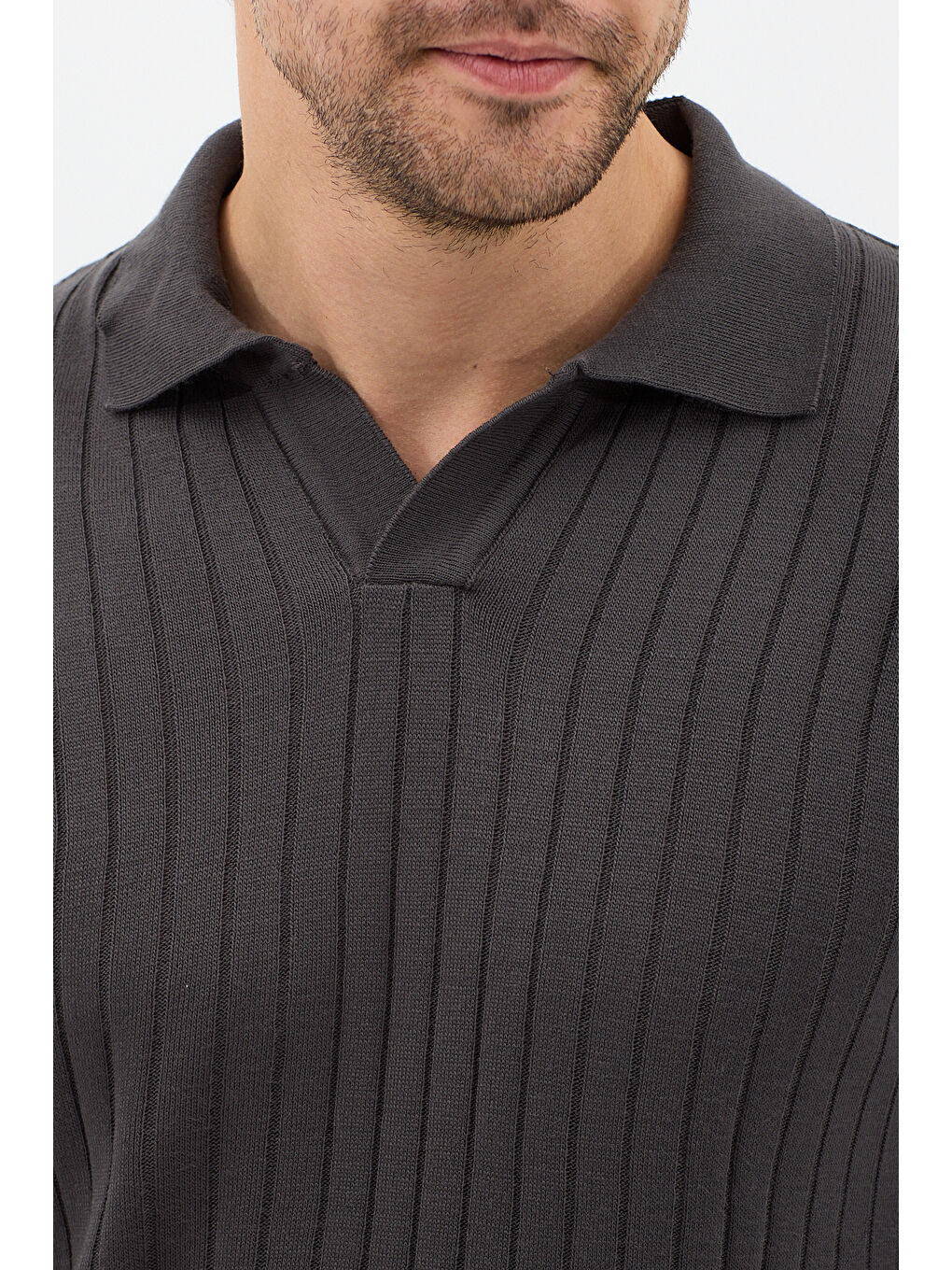 Gri Füme Erkek Polo Yaka Fitilli Triko Kazak-3