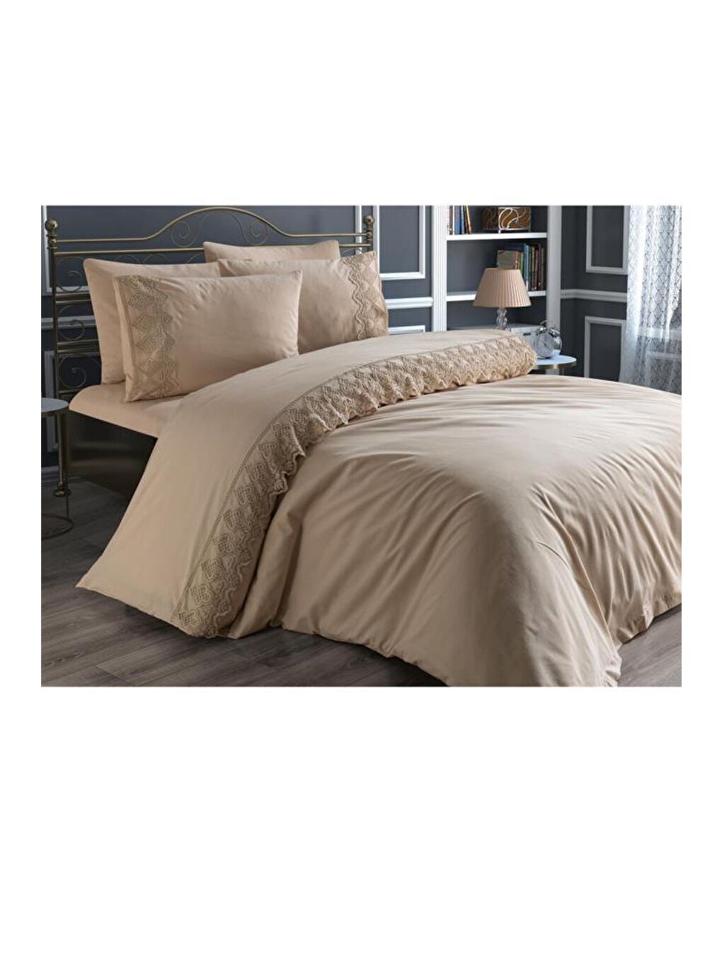 Karışık Fransız Dantelli Hüsna Çeyizlik Nevresim Takımı Cappucino-6