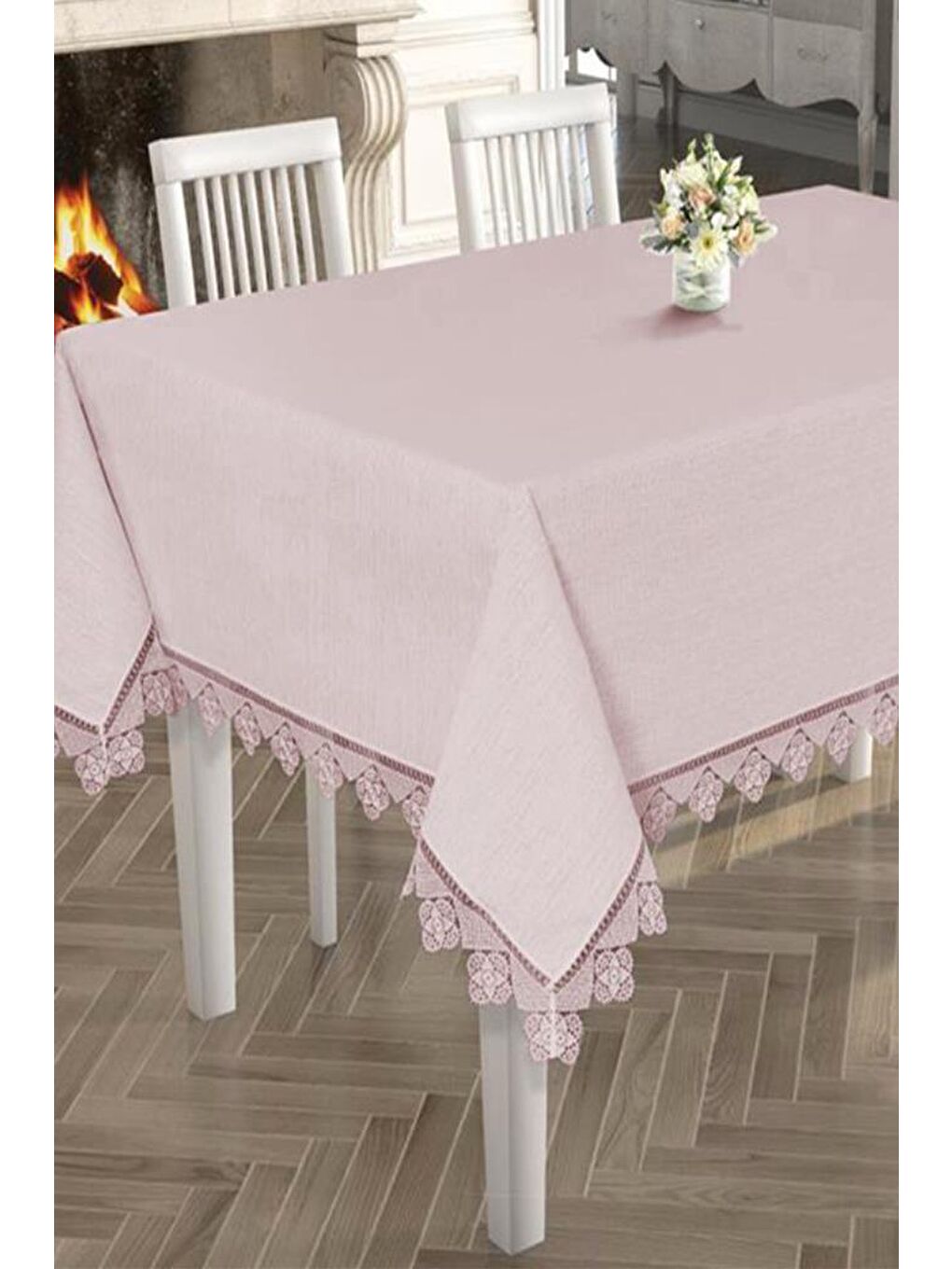 Pembe Işıltı İğne Oyalı Masa Örtüsü Pudra-1