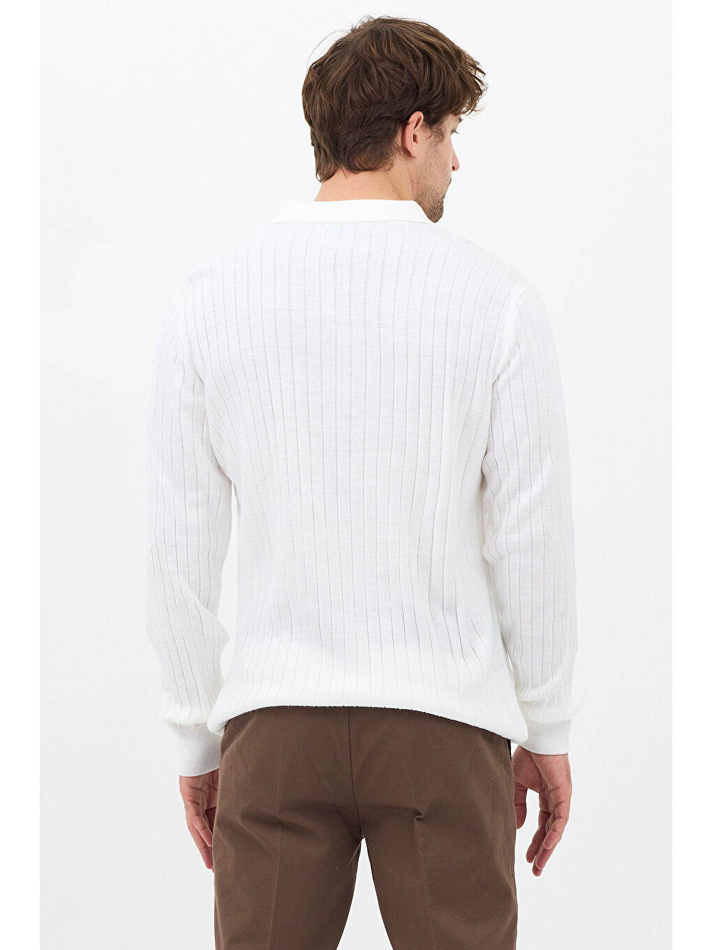 Beyaz Erkek Polo Yaka Fitilli Triko Kazak-4