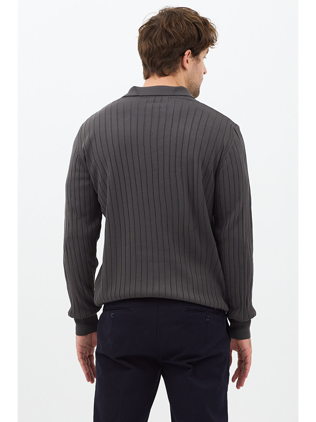 Gri Füme Erkek Polo Yaka Fitilli Triko Kazak-4