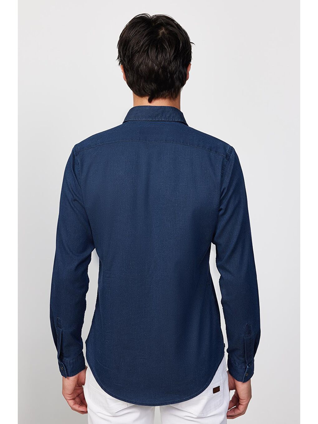 Slım Fit Uzun Kollu Yıkamalı Denım Düz Çift Cep Lacivert Gömlek-4