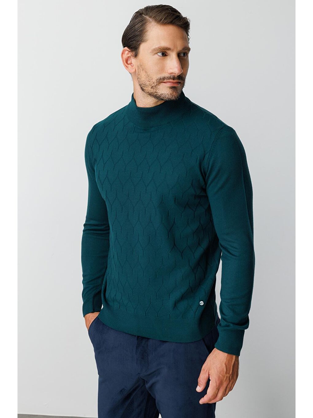 Yeşil Petrol Dar Kalıp Yarım Balıkçı Düz Uzun Kollu Triko-3