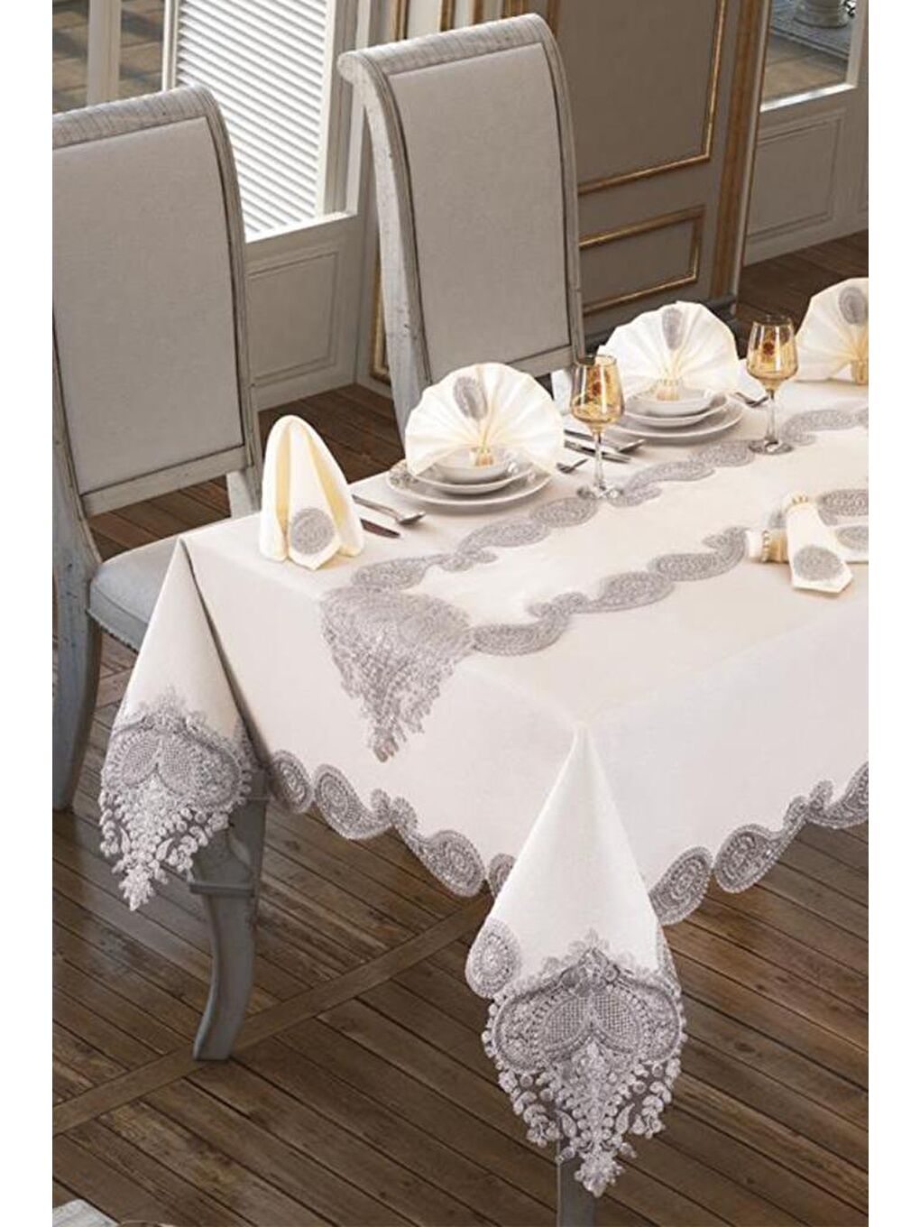 Karışık Verna Masa Örtüsü 160x260 Cm 26 Parça Krem Silver-4