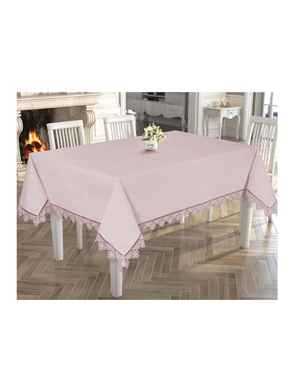 Pembe Işıltı İğne Oyalı Masa Örtüsü Pudra-2