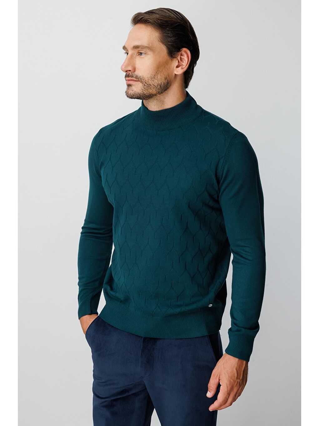 Yeşil Petrol Dar Kalıp Yarım Balıkçı Düz Uzun Kollu Triko-4