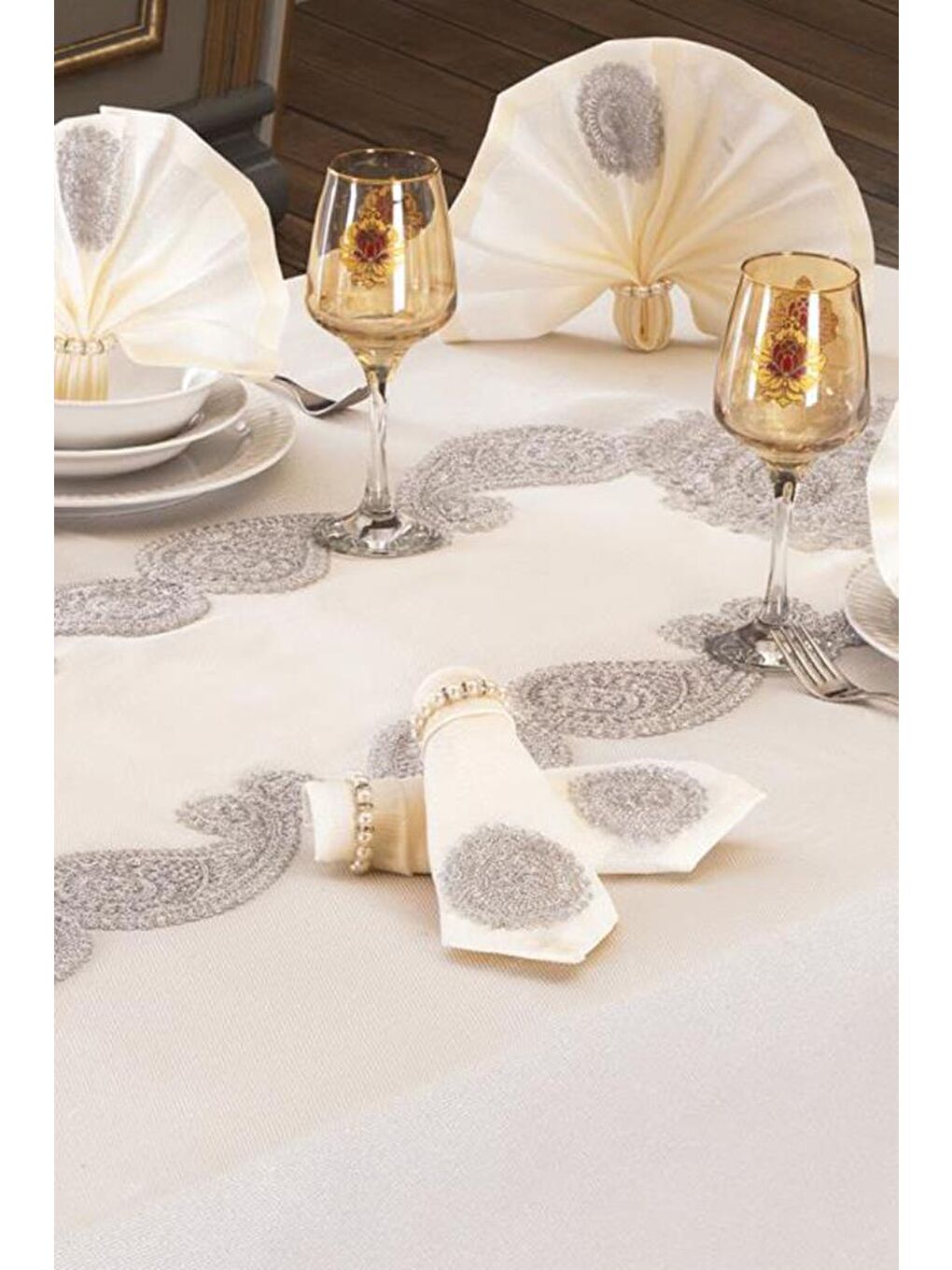 Karışık Verna Masa Örtüsü 160x260 Cm 26 Parça Krem Silver-5