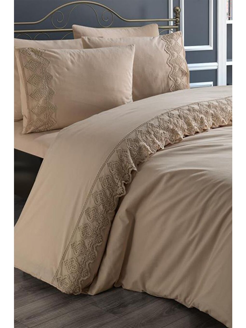 Karışık Fransız Dantelli Hüsna Çeyizlik Nevresim Takımı Cappucino-8