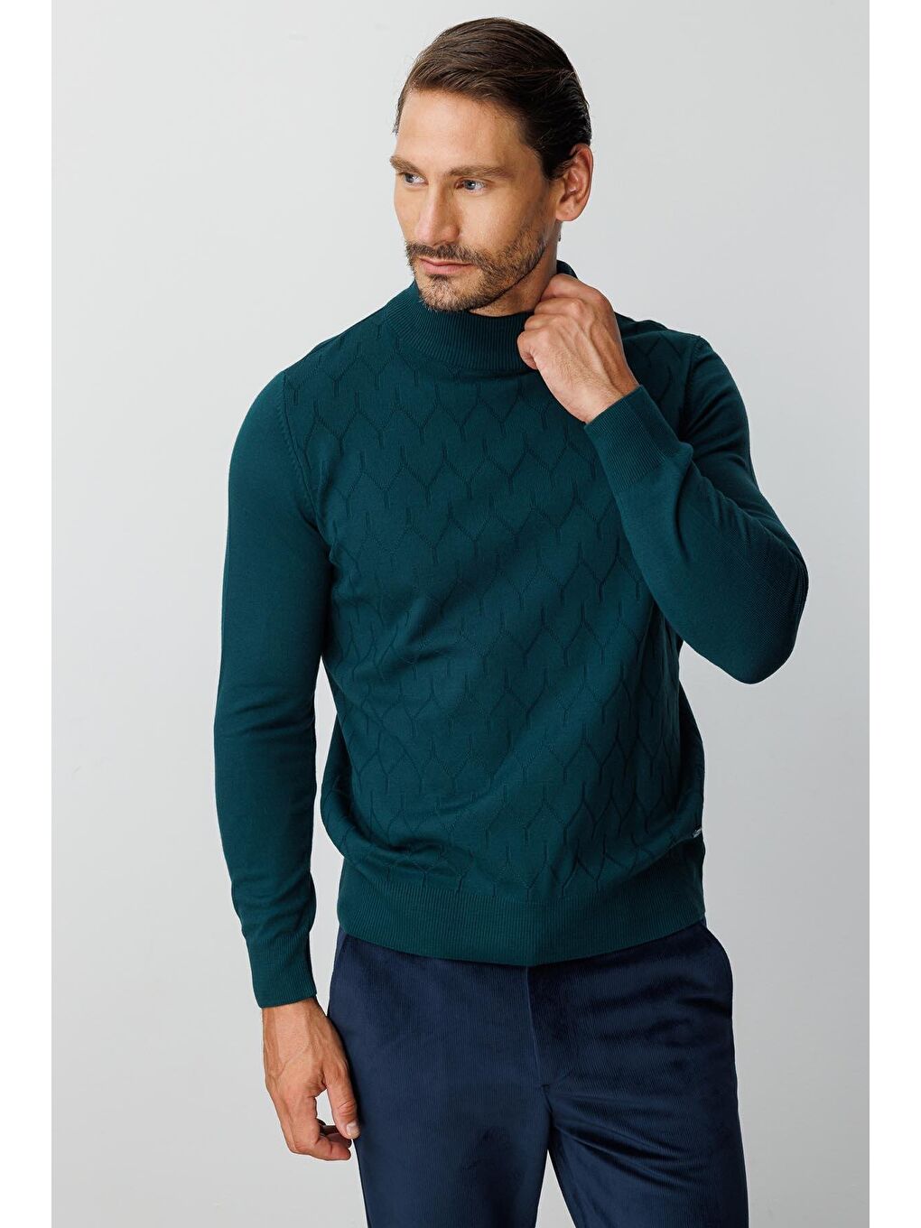 Yeşil Petrol Dar Kalıp Yarım Balıkçı Düz Uzun Kollu Triko-5