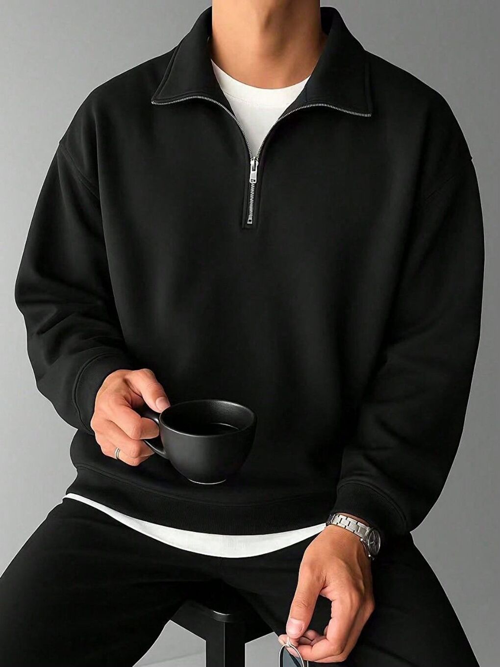 Siyah Oversize Yarım Fermuarlı Uzun Kollu Sweatshirt-1