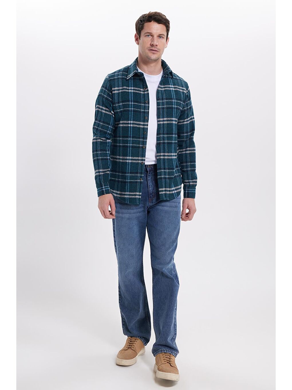 Yeşil Erkek Slim Fit Dar Kesim Kareli Kışlık Oduncu Gömlek-1